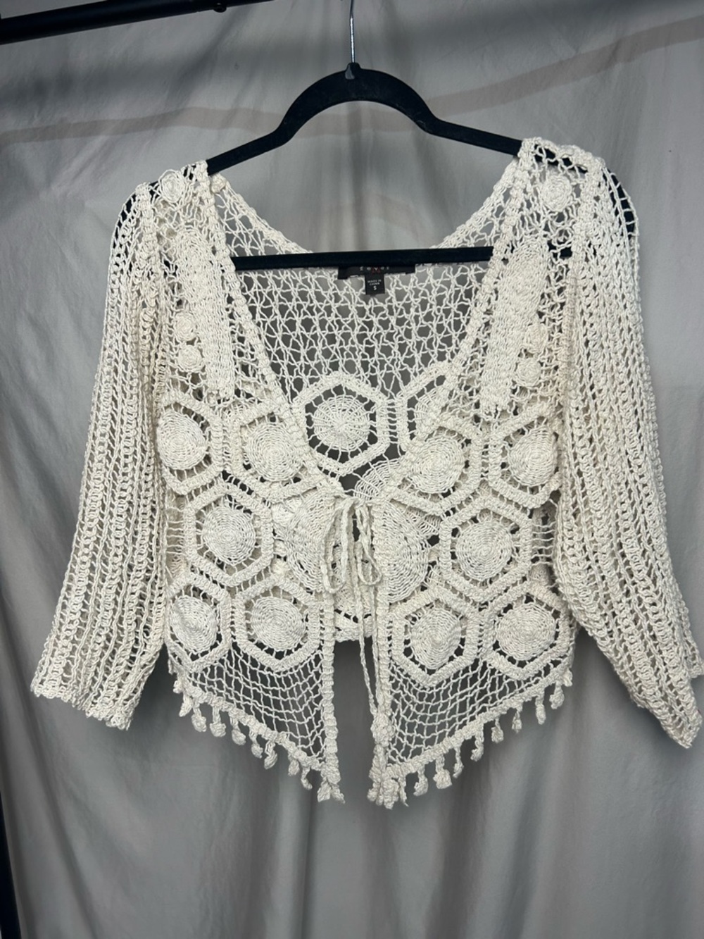 Fever Cream Crochet Openwork Tie-Front Vest cover up Sz S
